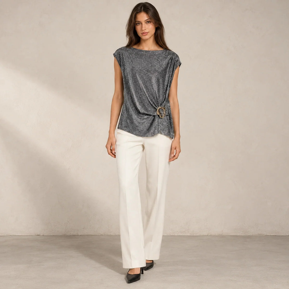 Shimmer Ring Draped Top in Silver — ONE MORE