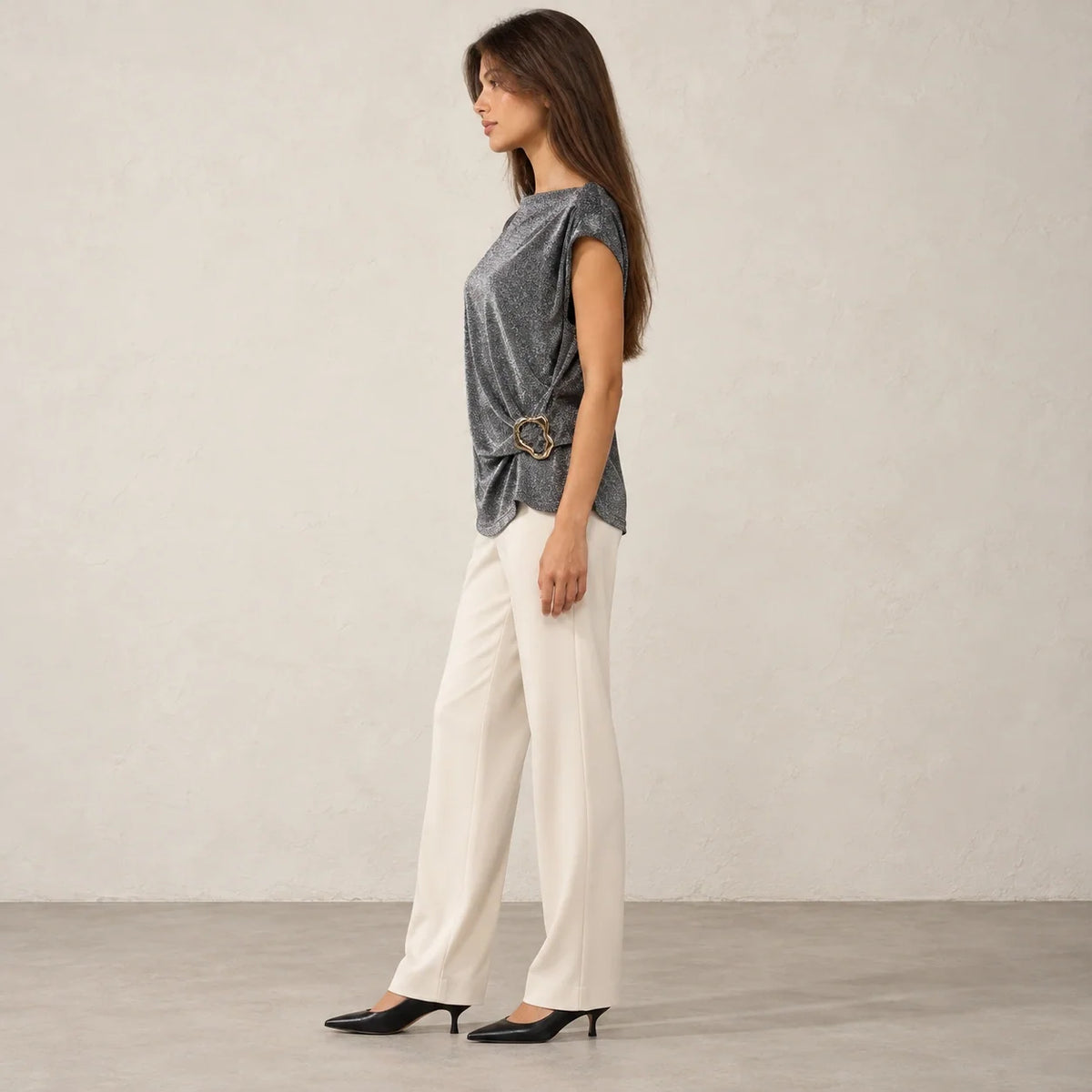 Shimmer Ring Draped Top in Silver — ONE MORE