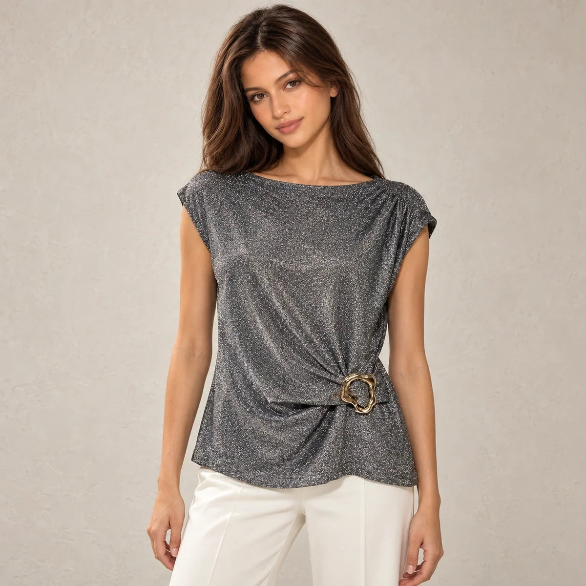 Shimmer Ring Draped Top in Silver — ONE MORE