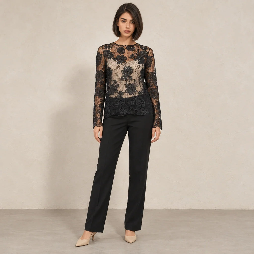 Floral Lace Sheer Blouse in Black — ONE MORE