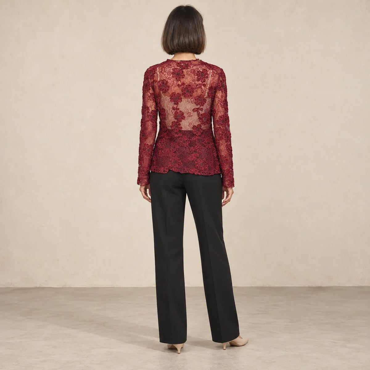 Floral Lace Sheer Blouse in Bordeaux — ONE MORE
