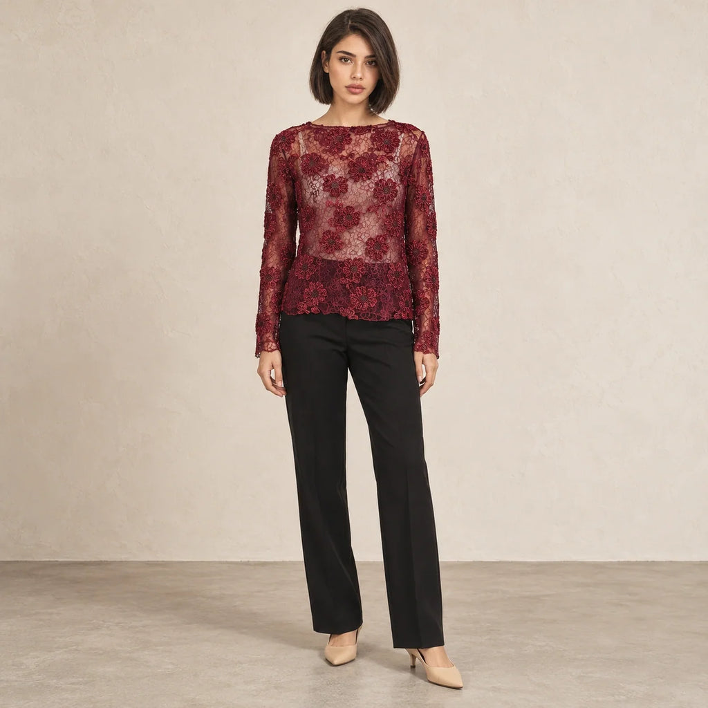 Floral Lace Sheer Blouse in Bordeaux — ONE MORE
