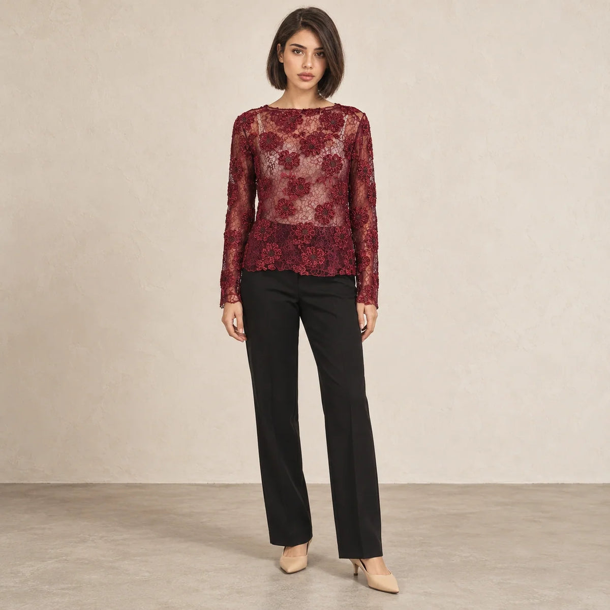 Floral Lace Sheer Blouse in Bordeaux — ONE MORE