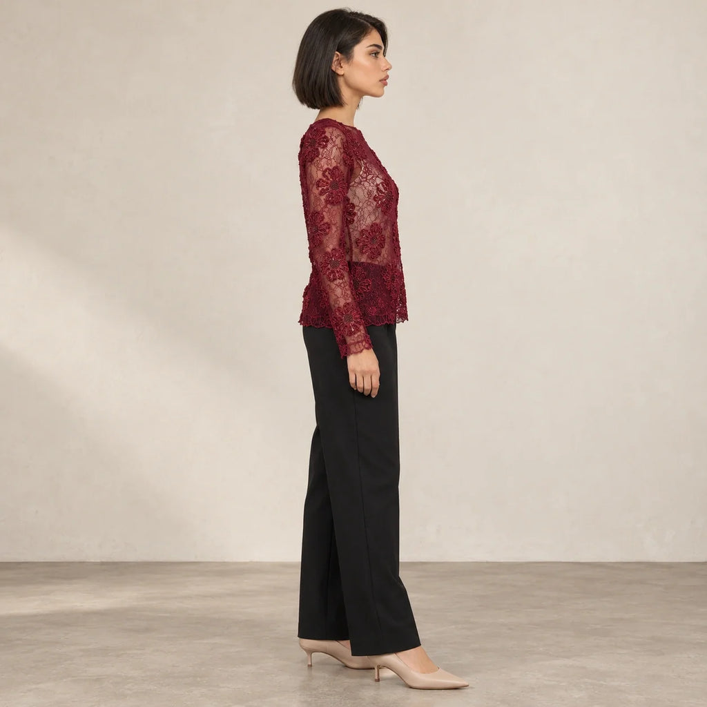 Floral Lace Sheer Blouse in Bordeaux — ONE MORE
