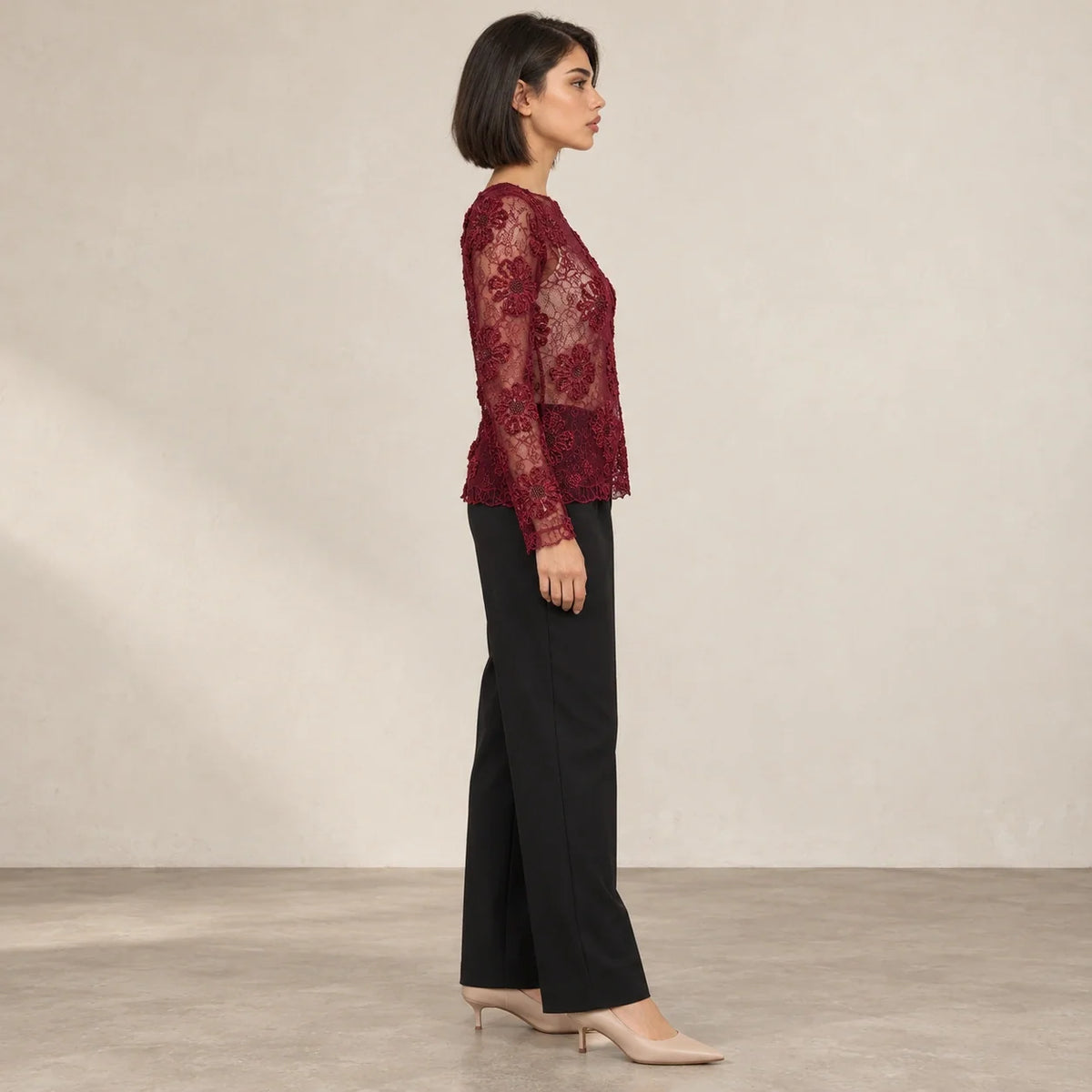 Floral Lace Sheer Blouse in Bordeaux — ONE MORE