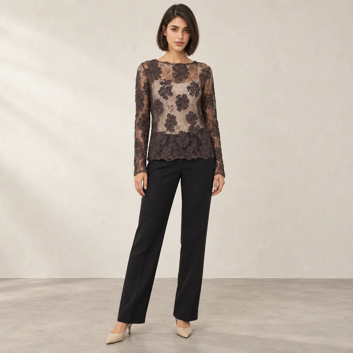 Floral Lace Sheer Blouse in Brown — ONE MORE