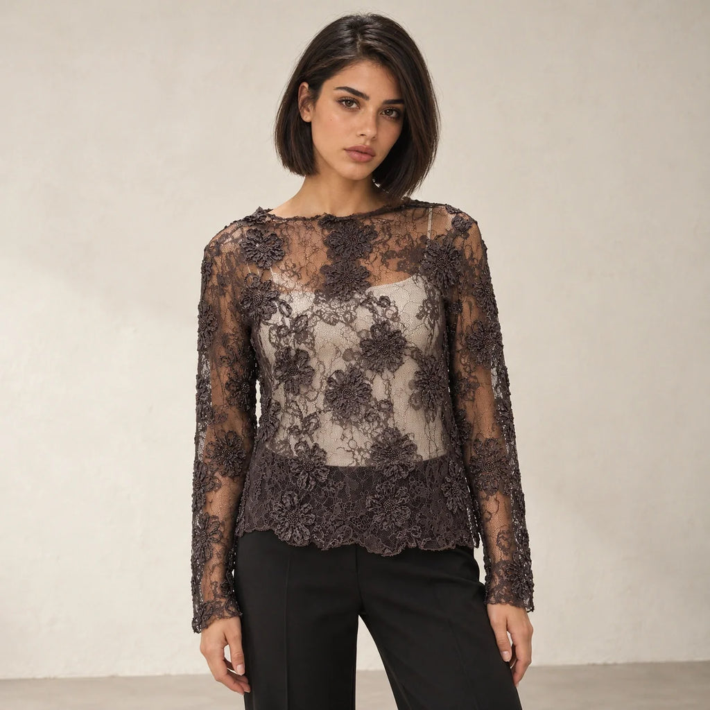 Floral Lace Sheer Blouse in Brown — ONE MORE