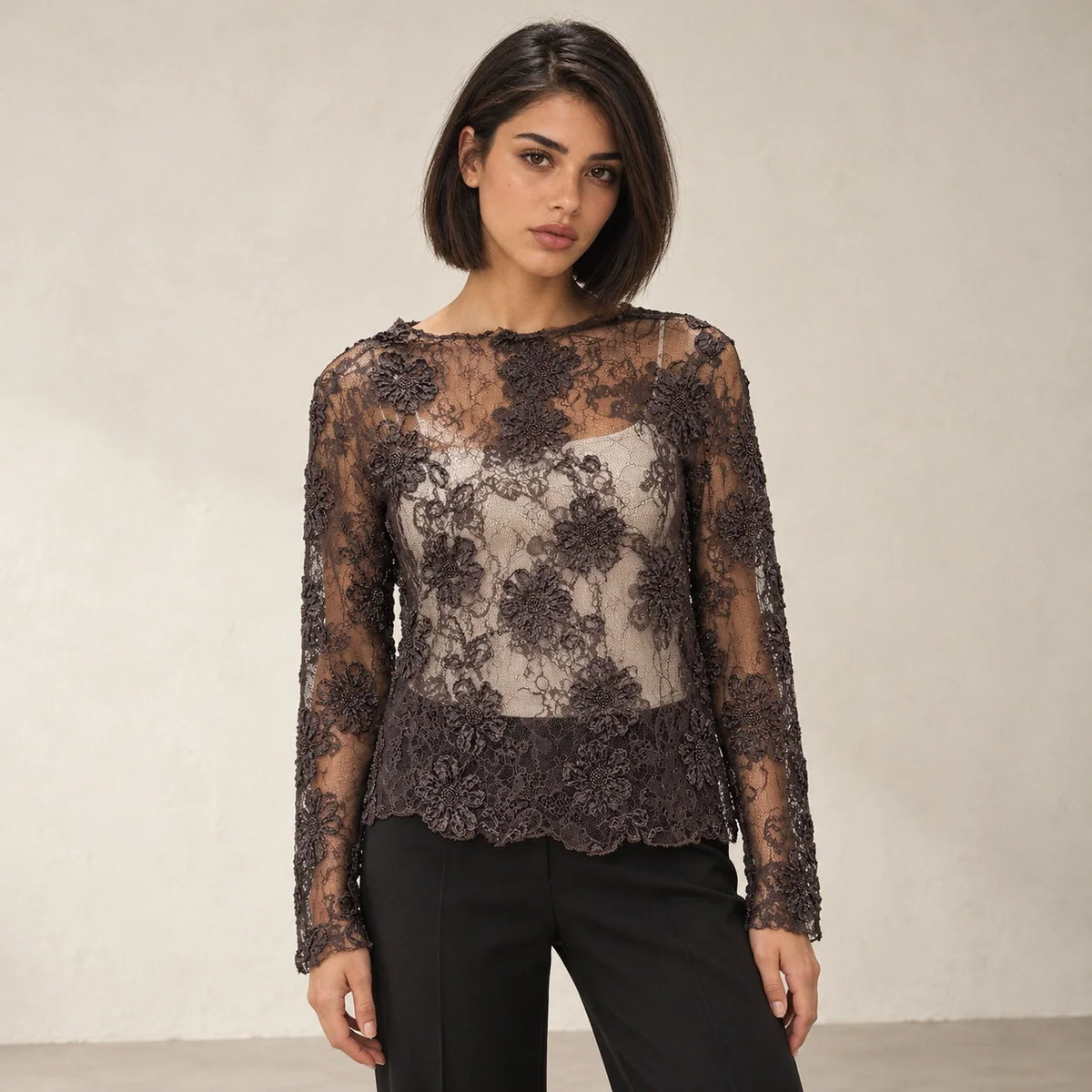 Floral Lace Sheer Blouse in Brown — ONE MORE