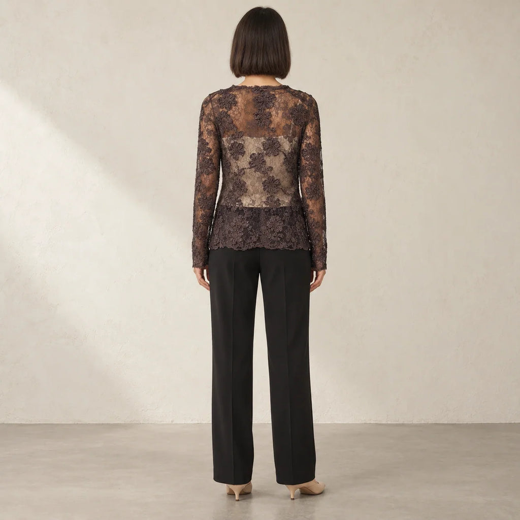 Floral Lace Sheer Blouse in Brown — ONE MORE