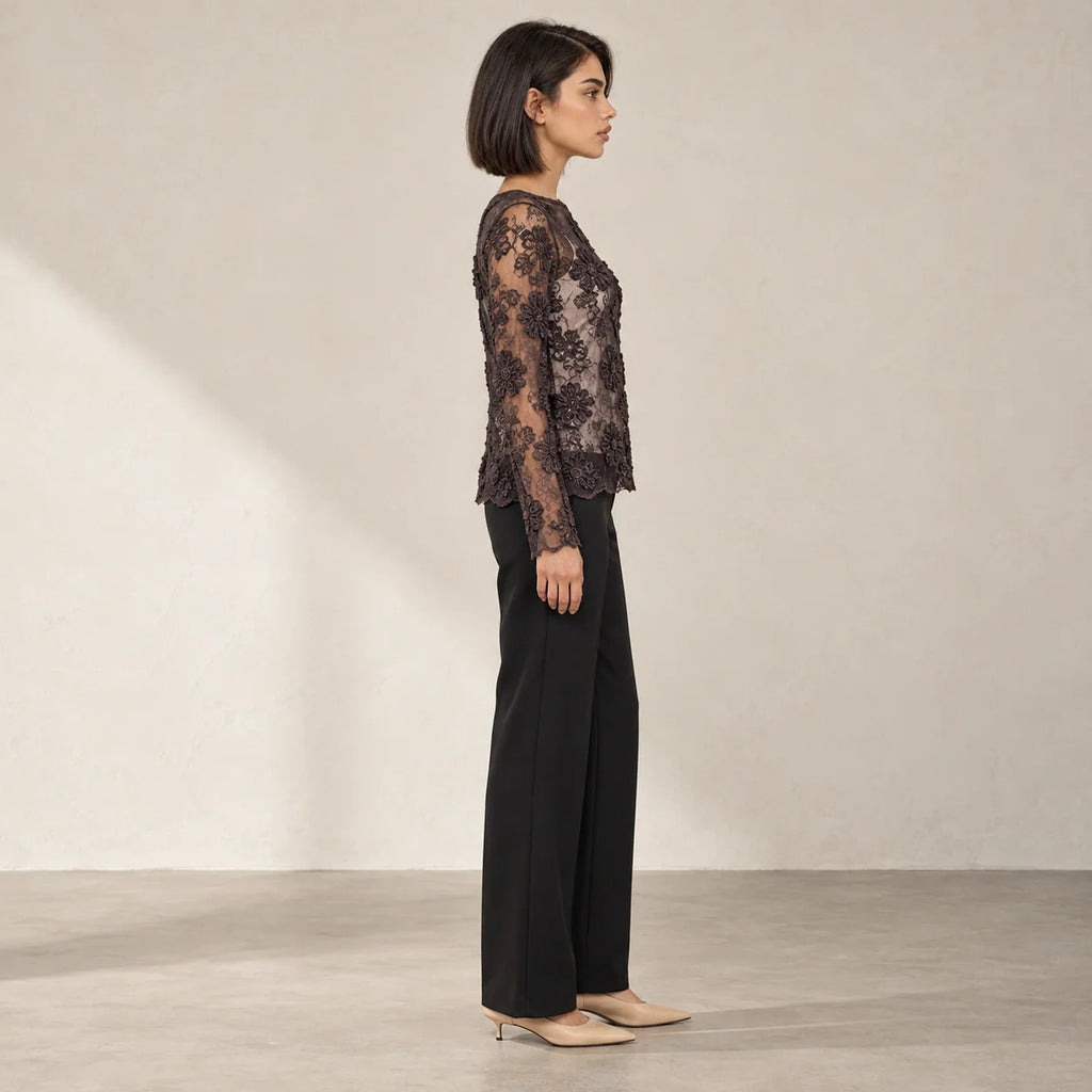 Floral Lace Sheer Blouse in Brown — ONE MORE