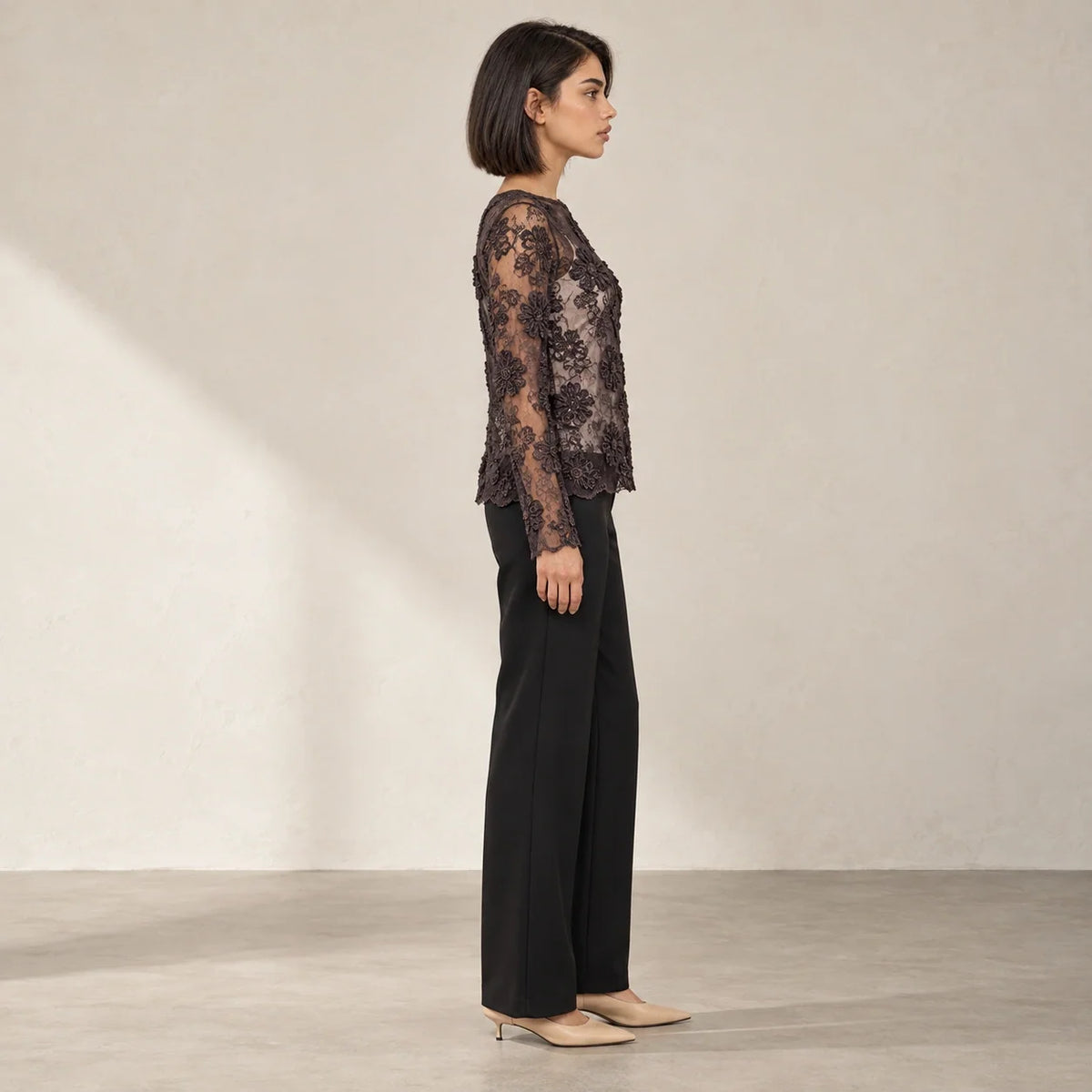 Floral Lace Sheer Blouse in Brown — ONE MORE