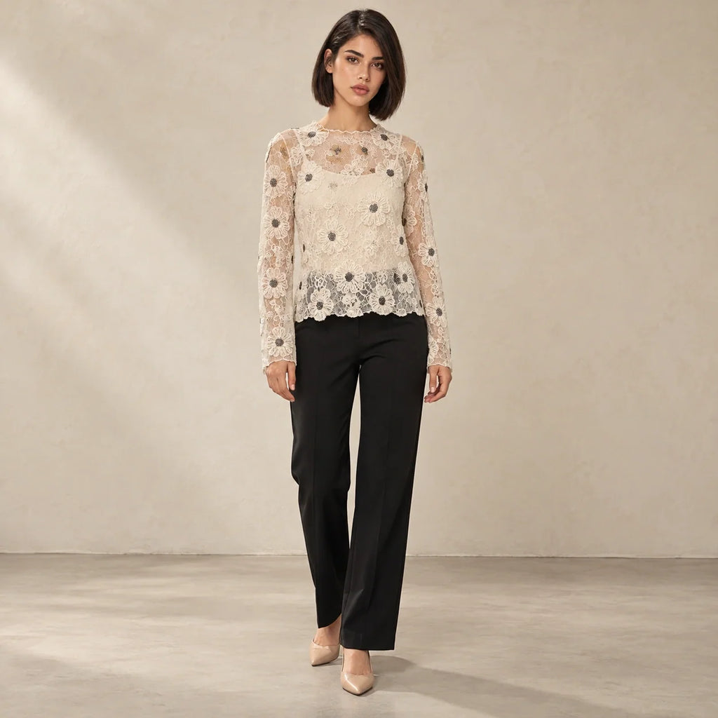 Floral Lace Sheer Blouse in Off White — ONE MORE