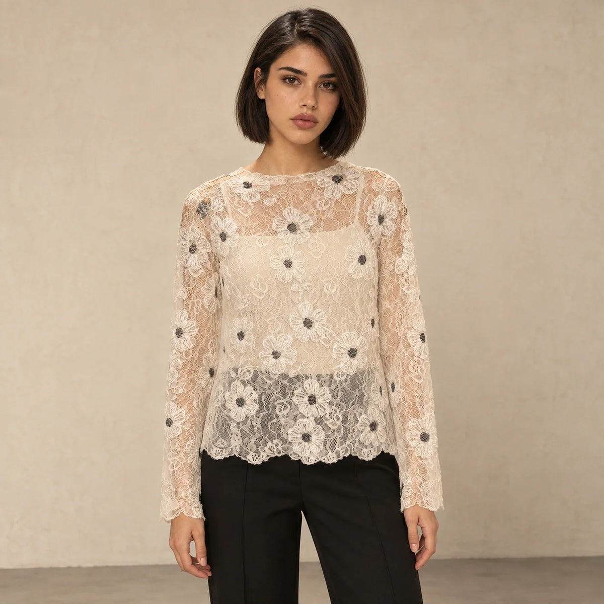 Floral Lace Sheer Blouse in Off White — ONE MORE