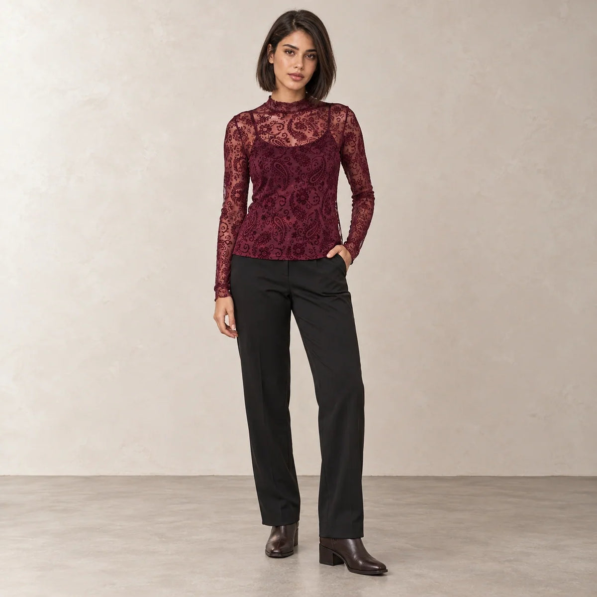 Paisley Mesh High-Neck Top in Burgundy — ONE MORE