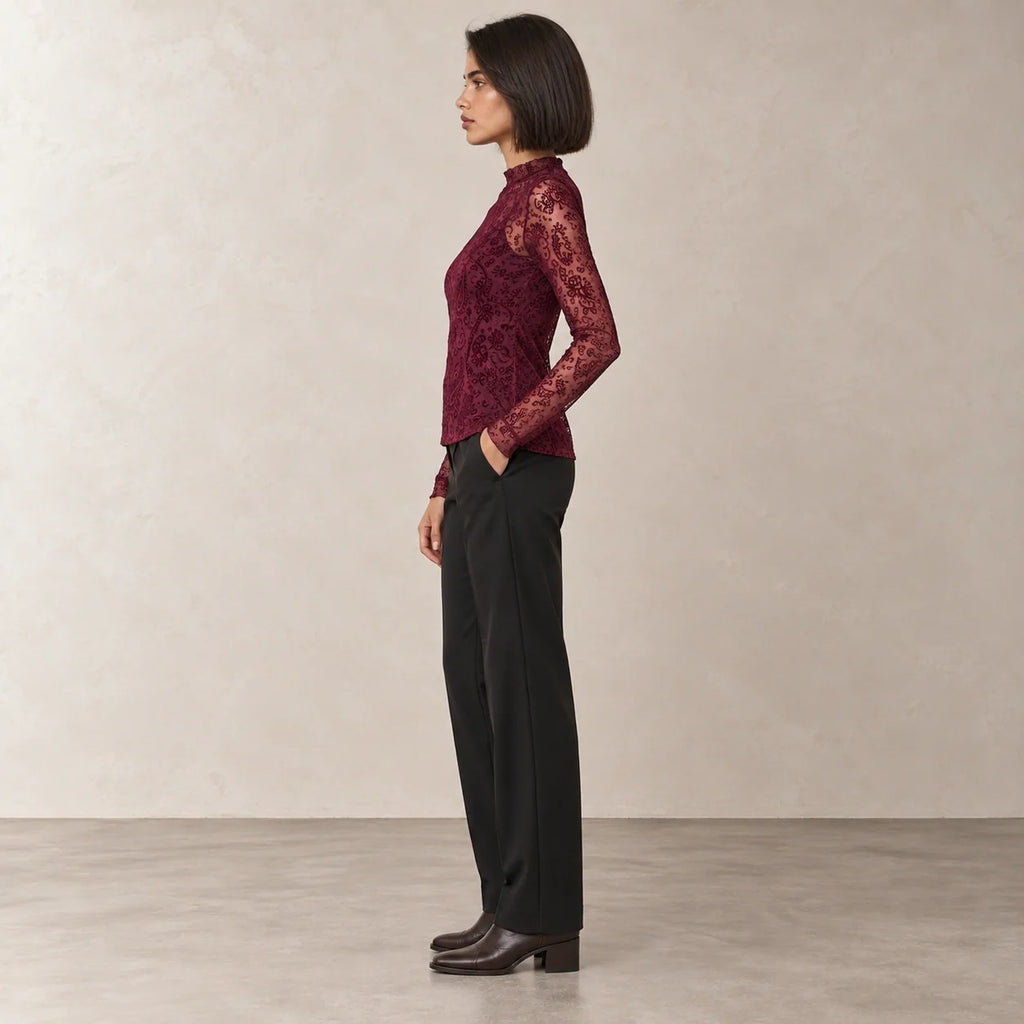 Paisley Mesh High-Neck Top in Burgundy — ONE MORE