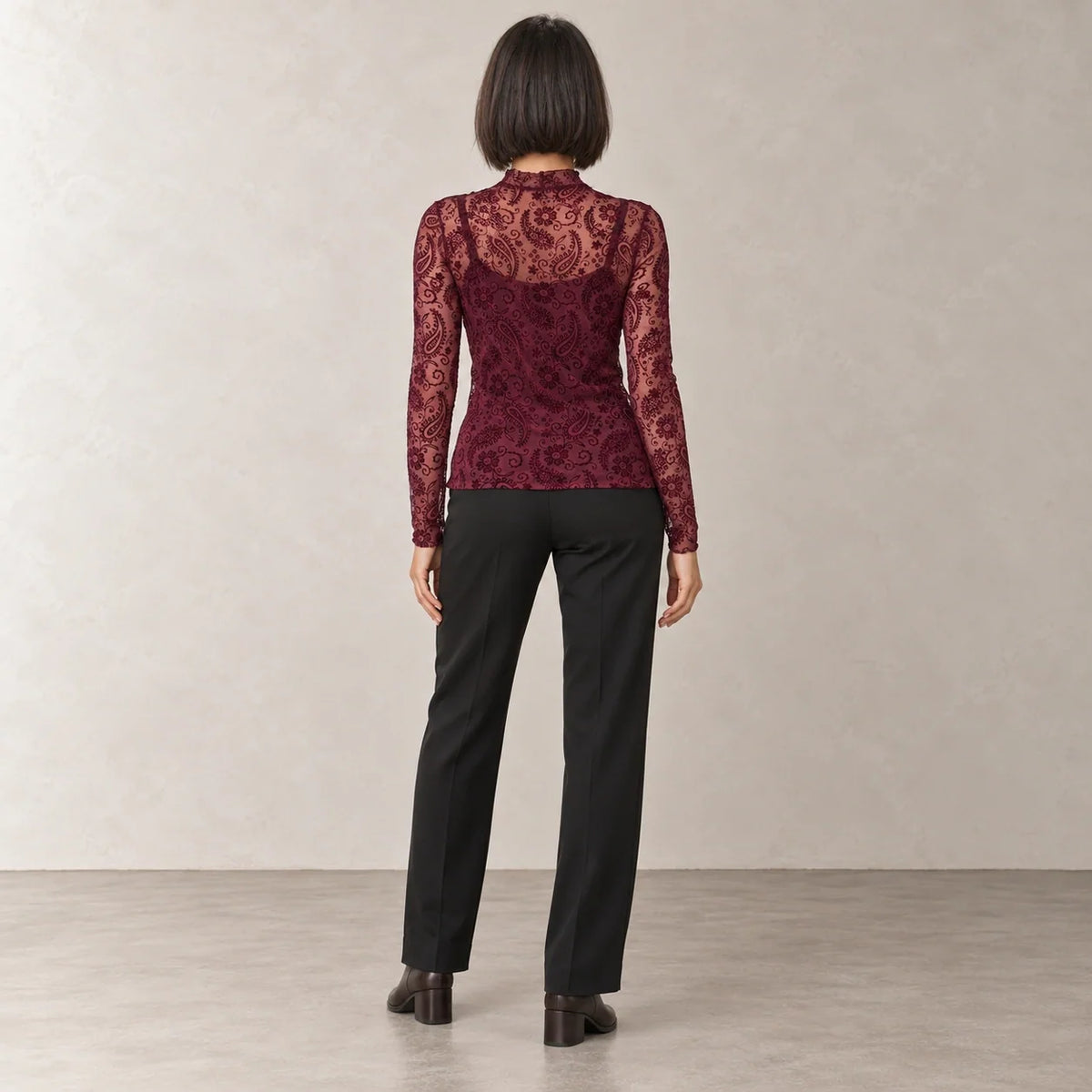 Paisley Mesh High-Neck Top in Burgundy — ONE MORE