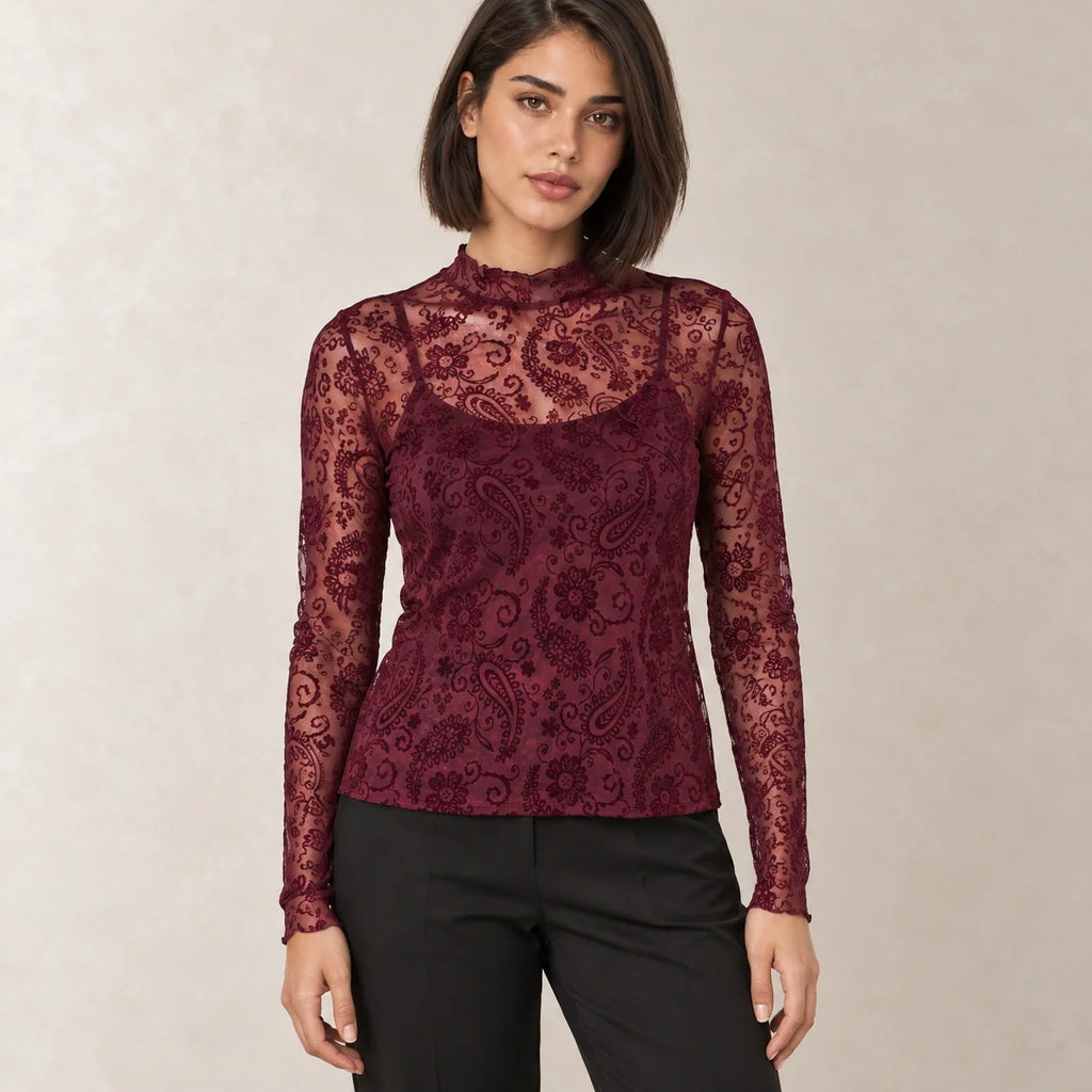 Paisley Mesh High-Neck Top in Burgundy — ONE MORE