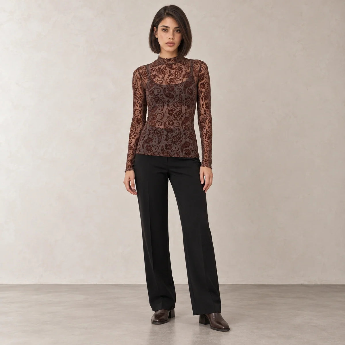 Paisley Mesh High-Neck Top in Brown — ONE MORE