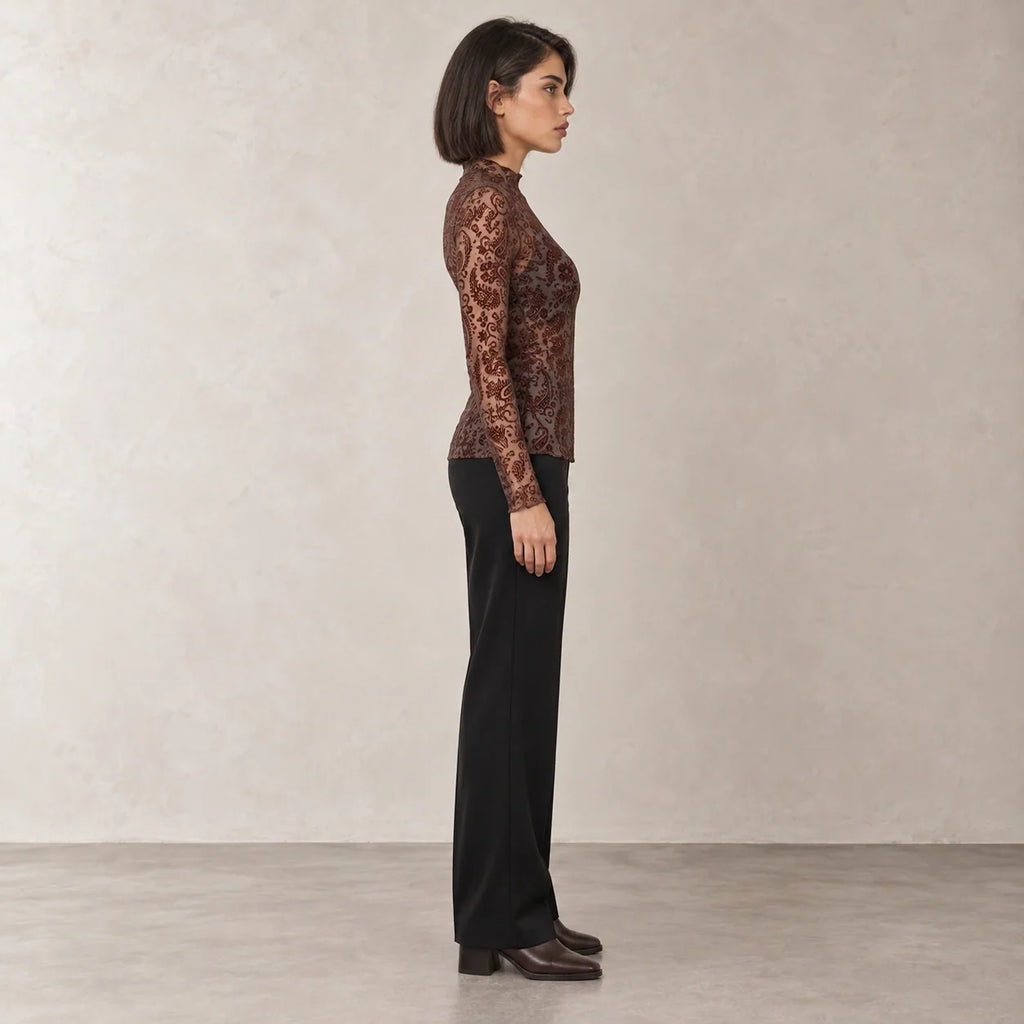Paisley Mesh High-Neck Top in Brown — ONE MORE