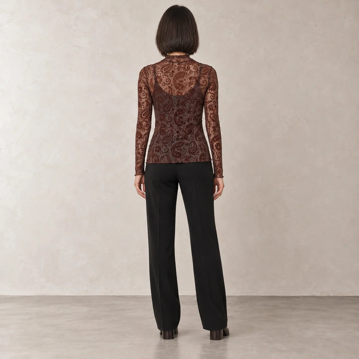 Paisley Mesh High-Neck Top in Brown — ONE MORE