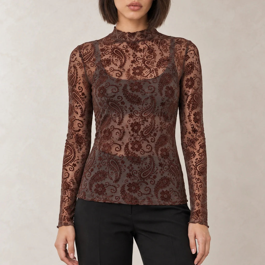 Paisley Mesh High-Neck Top in Brown — ONE MORE