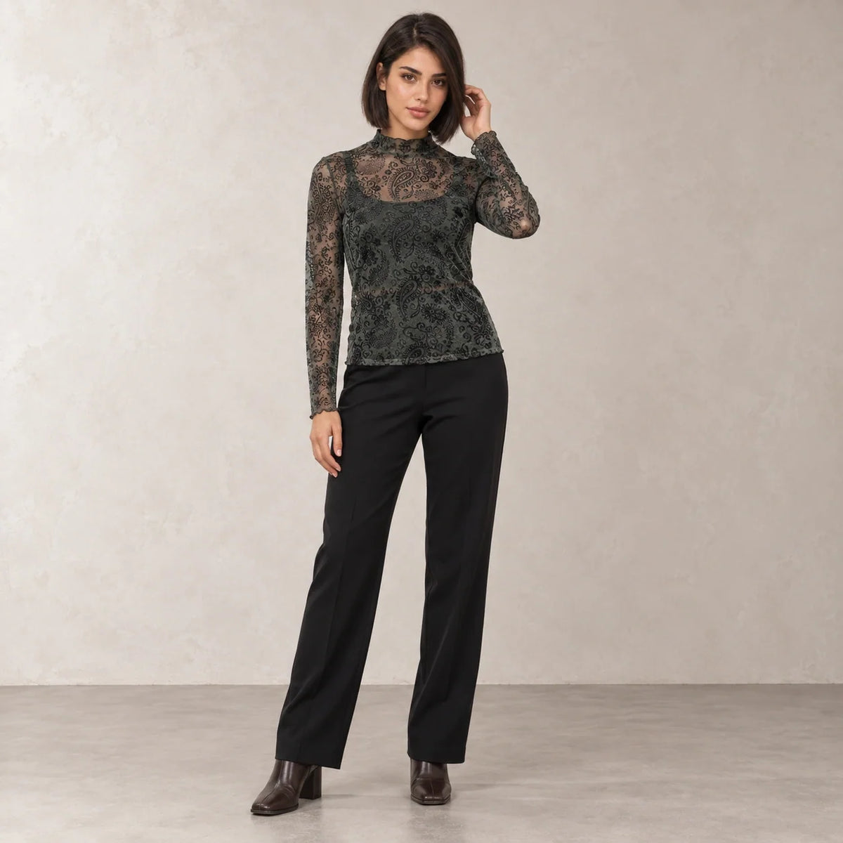 Paisley Mesh High-Neck Top in Olive — ONE MORE