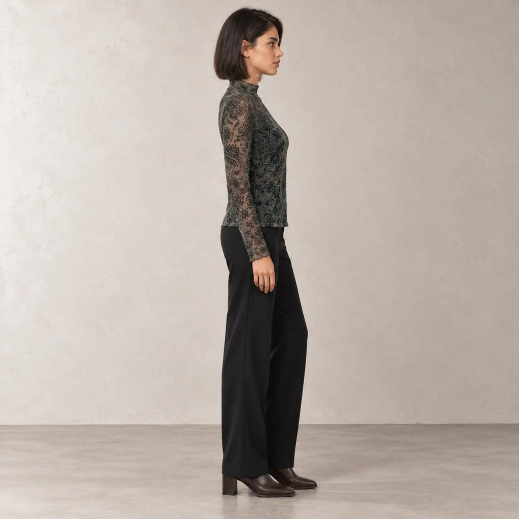 Paisley Mesh High-Neck Top in Olive — ONE MORE