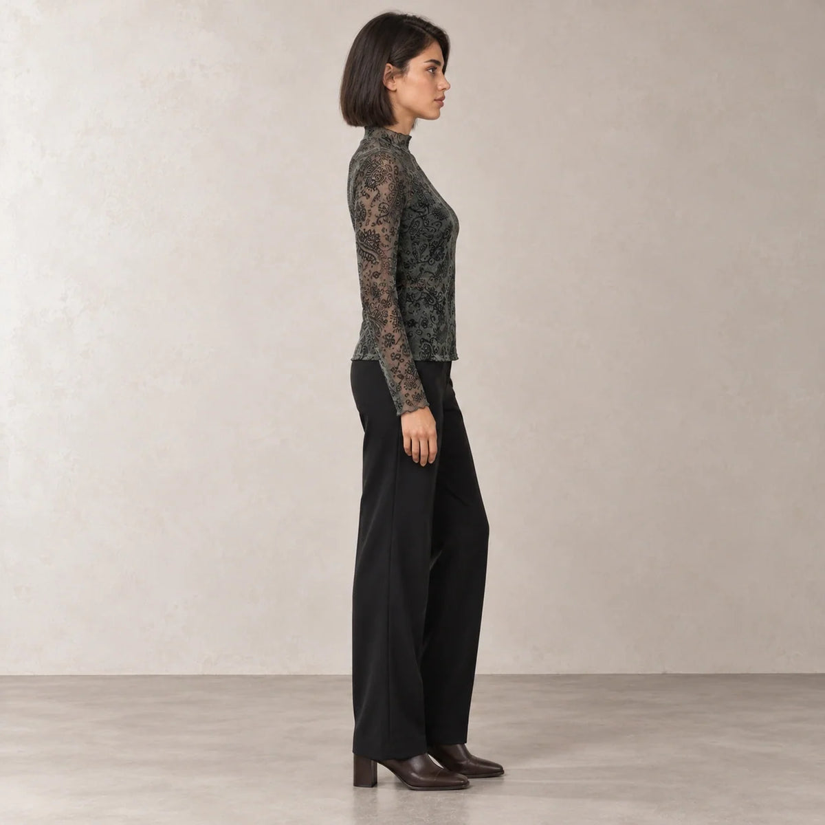 Paisley Mesh High-Neck Top in Olive — ONE MORE