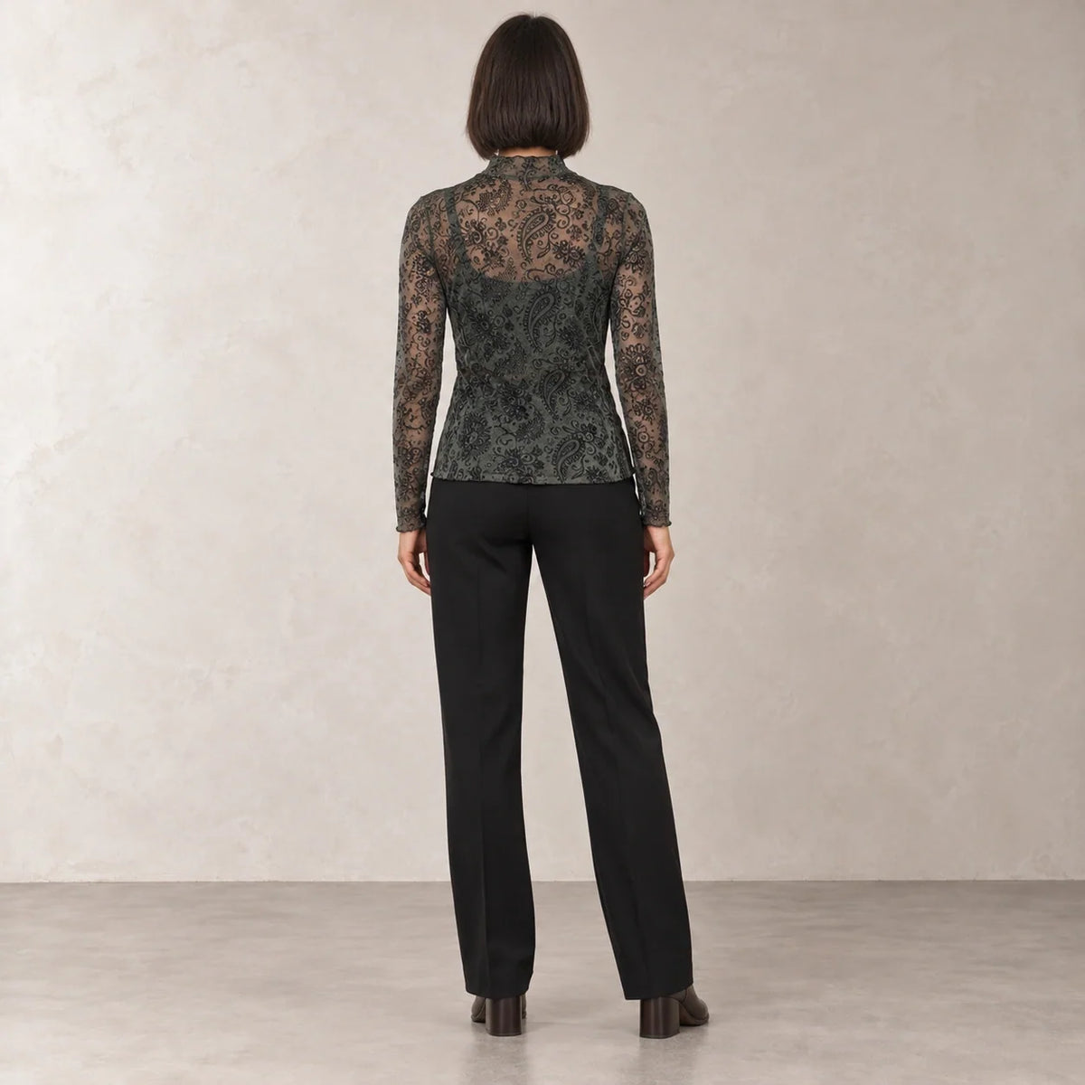 Paisley Mesh High-Neck Top in Olive — ONE MORE