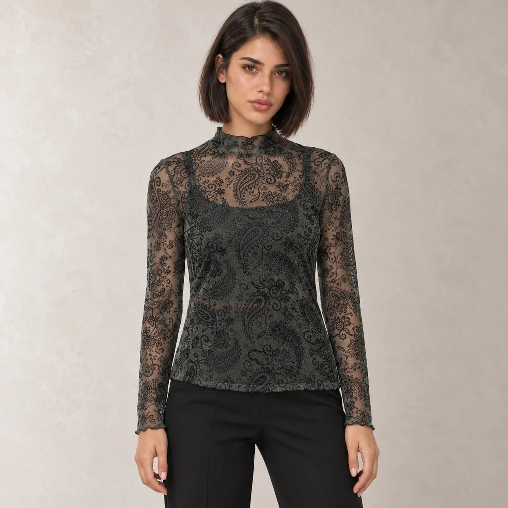 Paisley Mesh High-Neck Top in Olive — ONE MORE