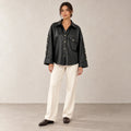 Button Sleeve Leather Shirt Jacket in Black — ONE MORE