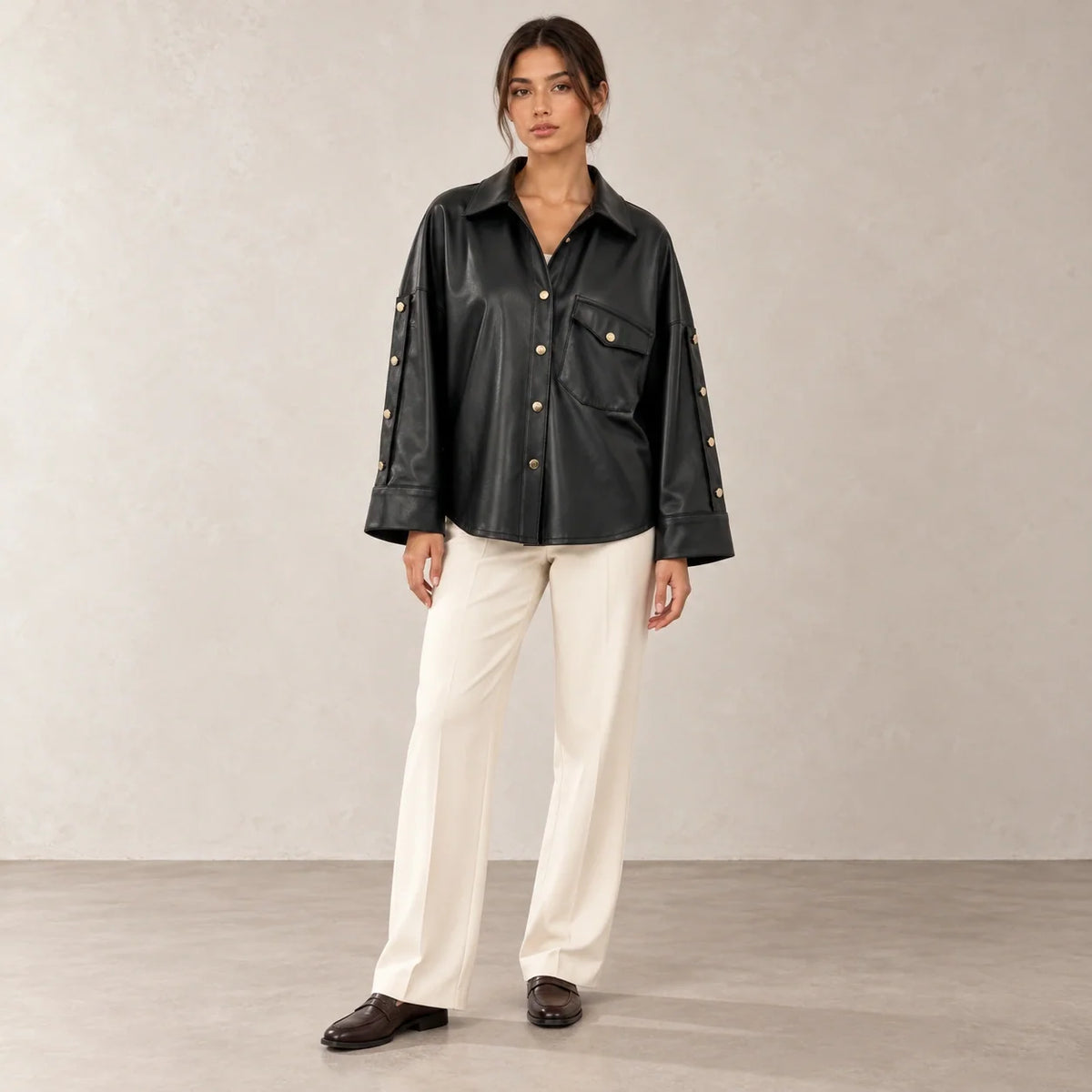 Button Sleeve Leather Shirt Jacket in Black — ONE MORE