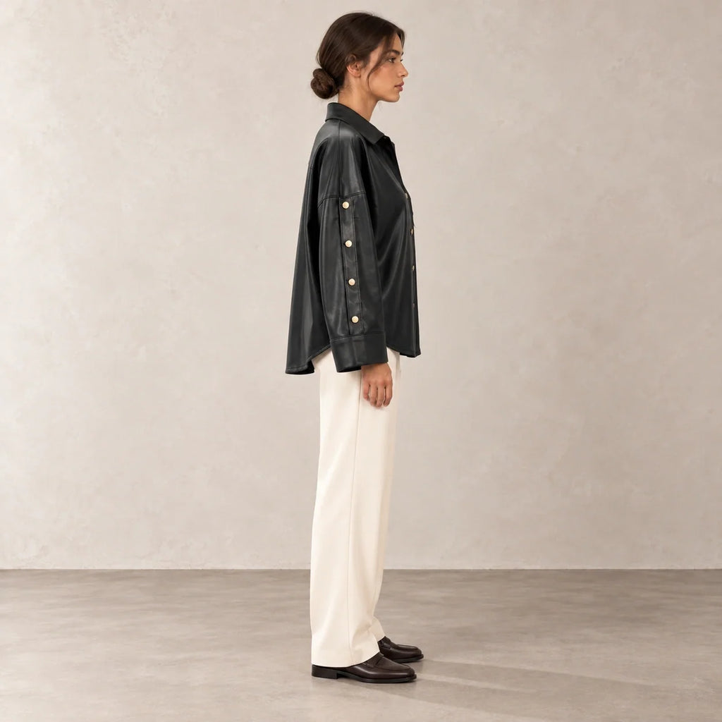 Button Sleeve Leather Shirt Jacket in Black — ONE MORE