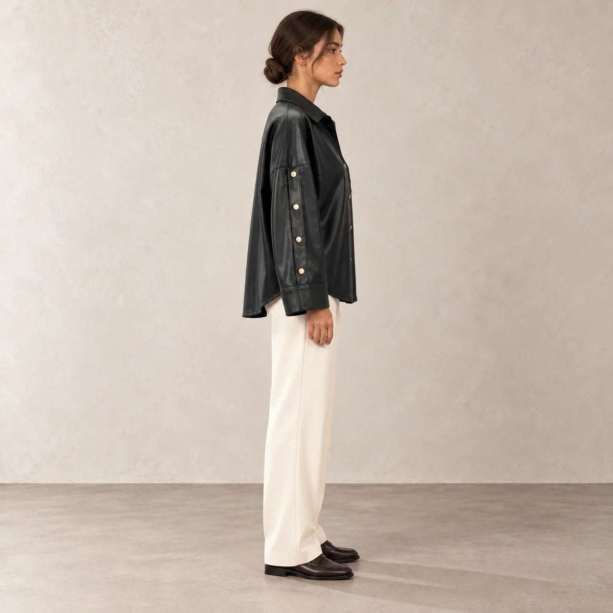 Button Sleeve Leather Shirt Jacket in Black — ONE MORE