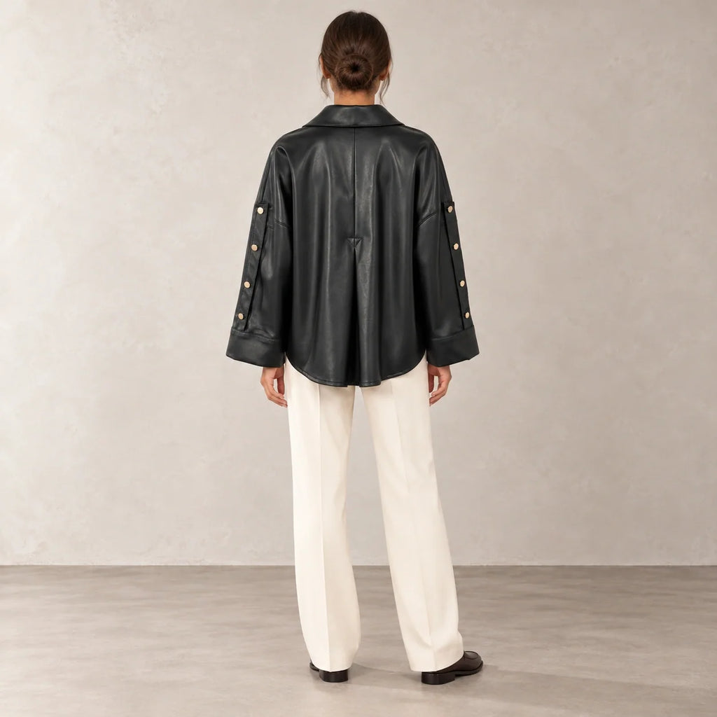 Button Sleeve Leather Shirt Jacket in Black — ONE MORE