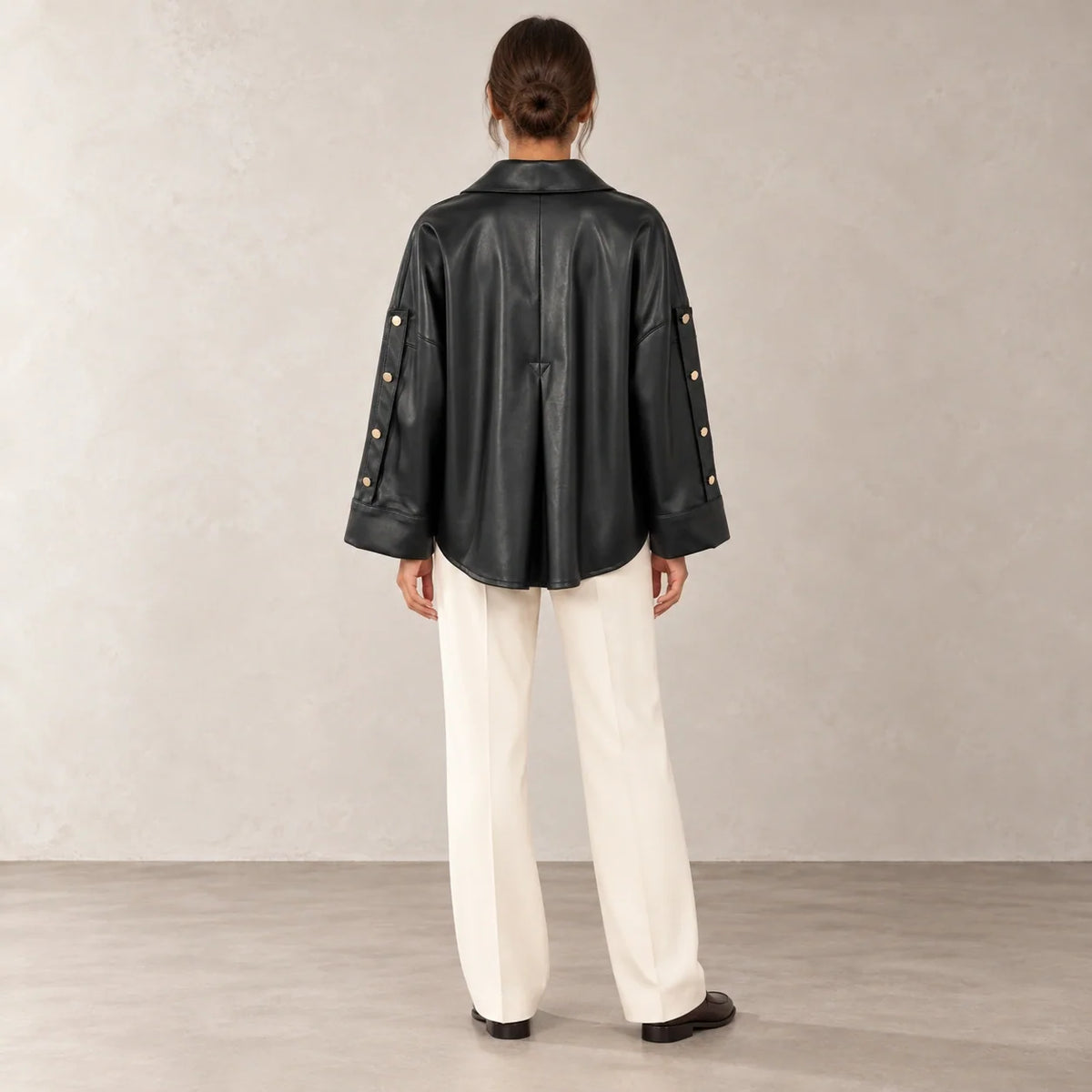 Button Sleeve Leather Shirt Jacket in Black — ONE MORE