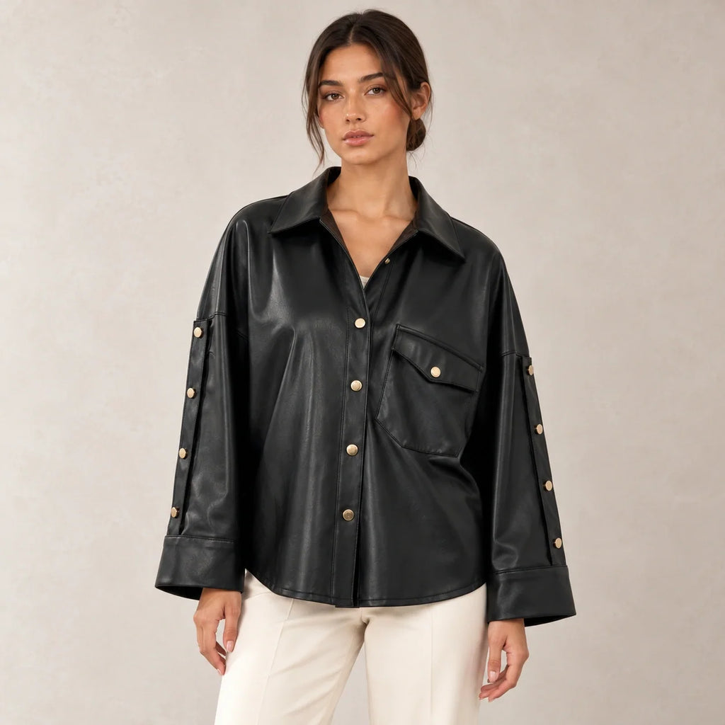 Button Sleeve Leather Shirt Jacket in Black — ONE MORE