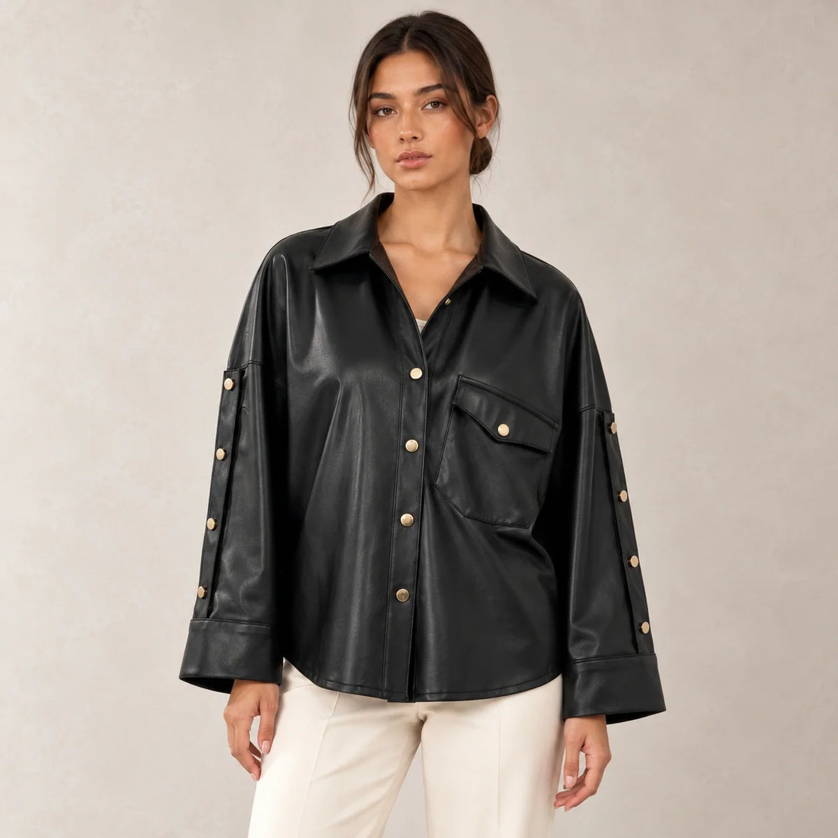 Button Sleeve Leather Shirt Jacket in Black — ONE MORE