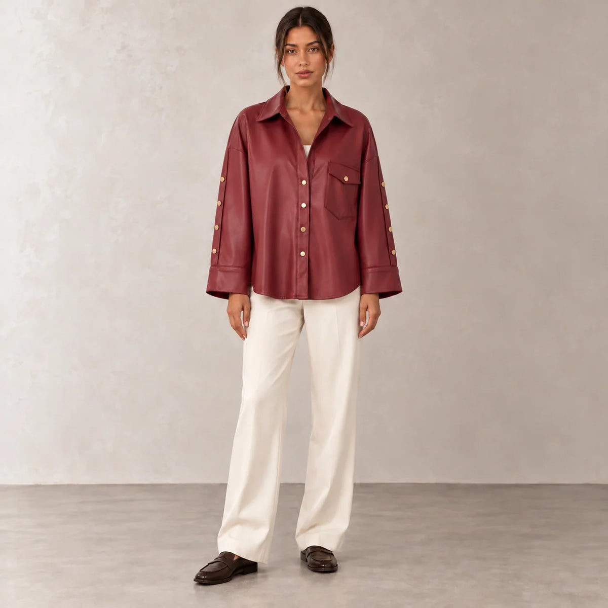 Button Sleeve Leather Shirt Jacket in Burgundy — ONE MORE