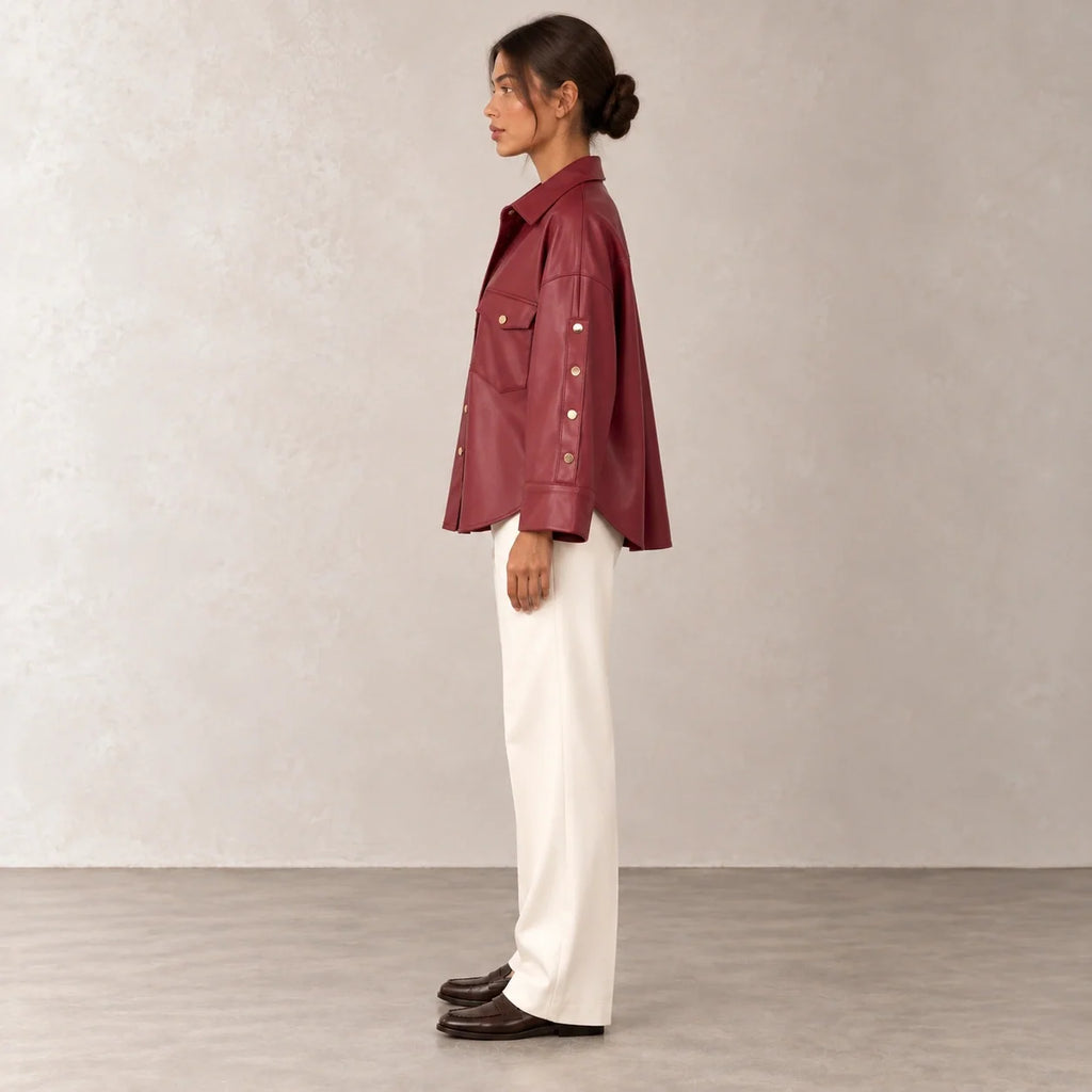 Button Sleeve Leather Shirt Jacket in Burgundy — ONE MORE