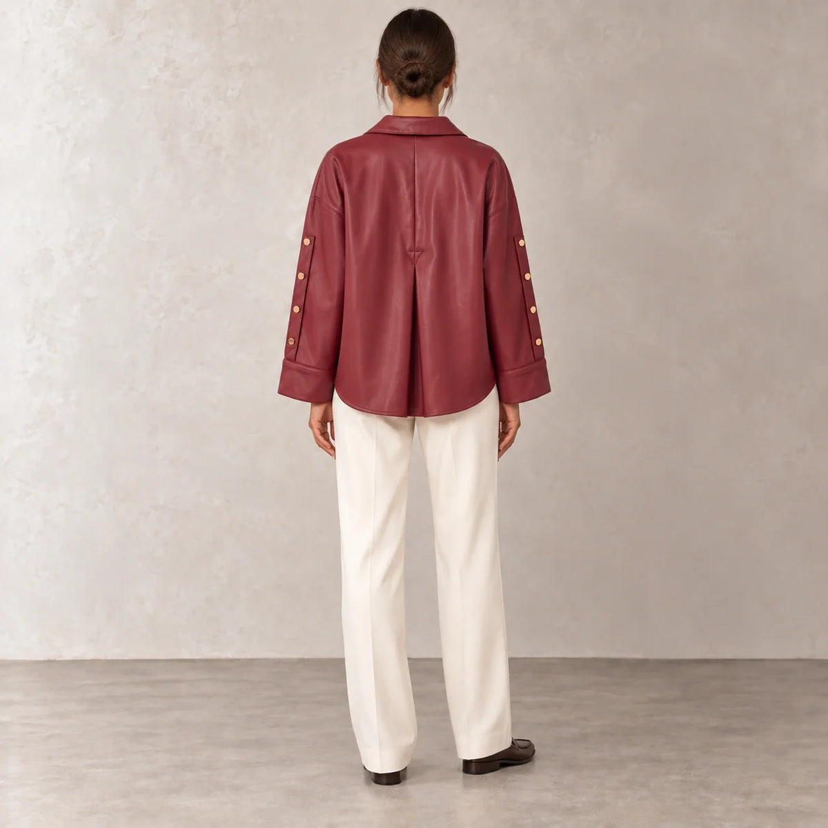 Button Sleeve Leather Shirt Jacket in Burgundy — ONE MORE