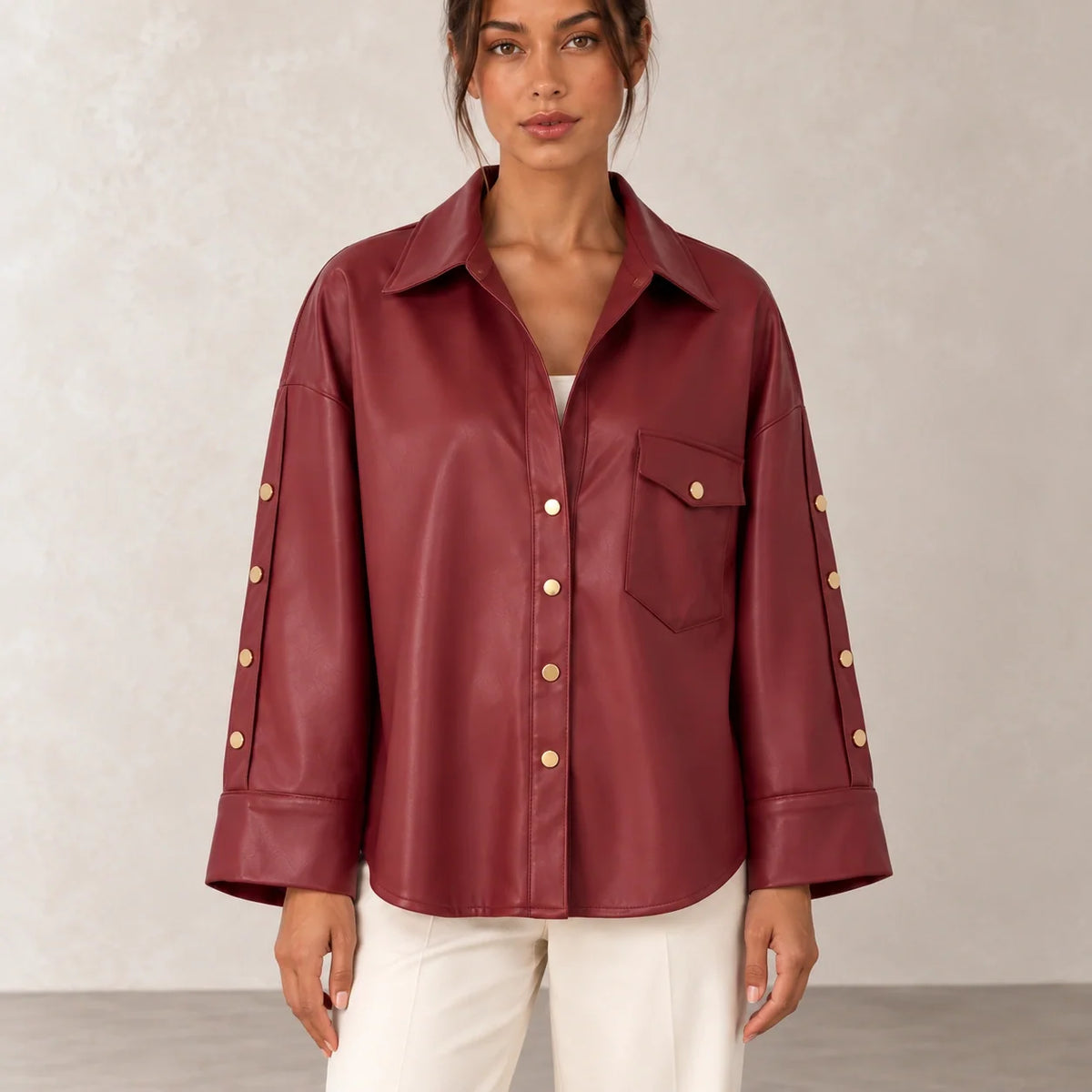 Button Sleeve Leather Shirt Jacket in Burgundy — ONE MORE