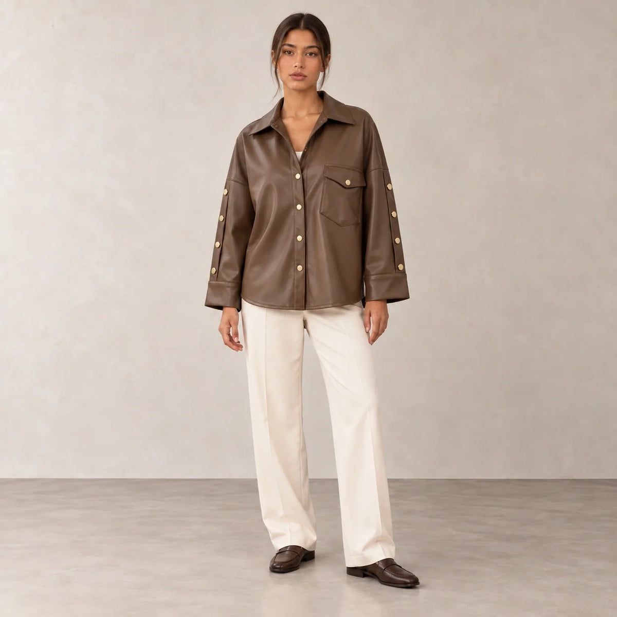 Button Sleeve Leather Shirt Jacket in Brown — ONE MORE