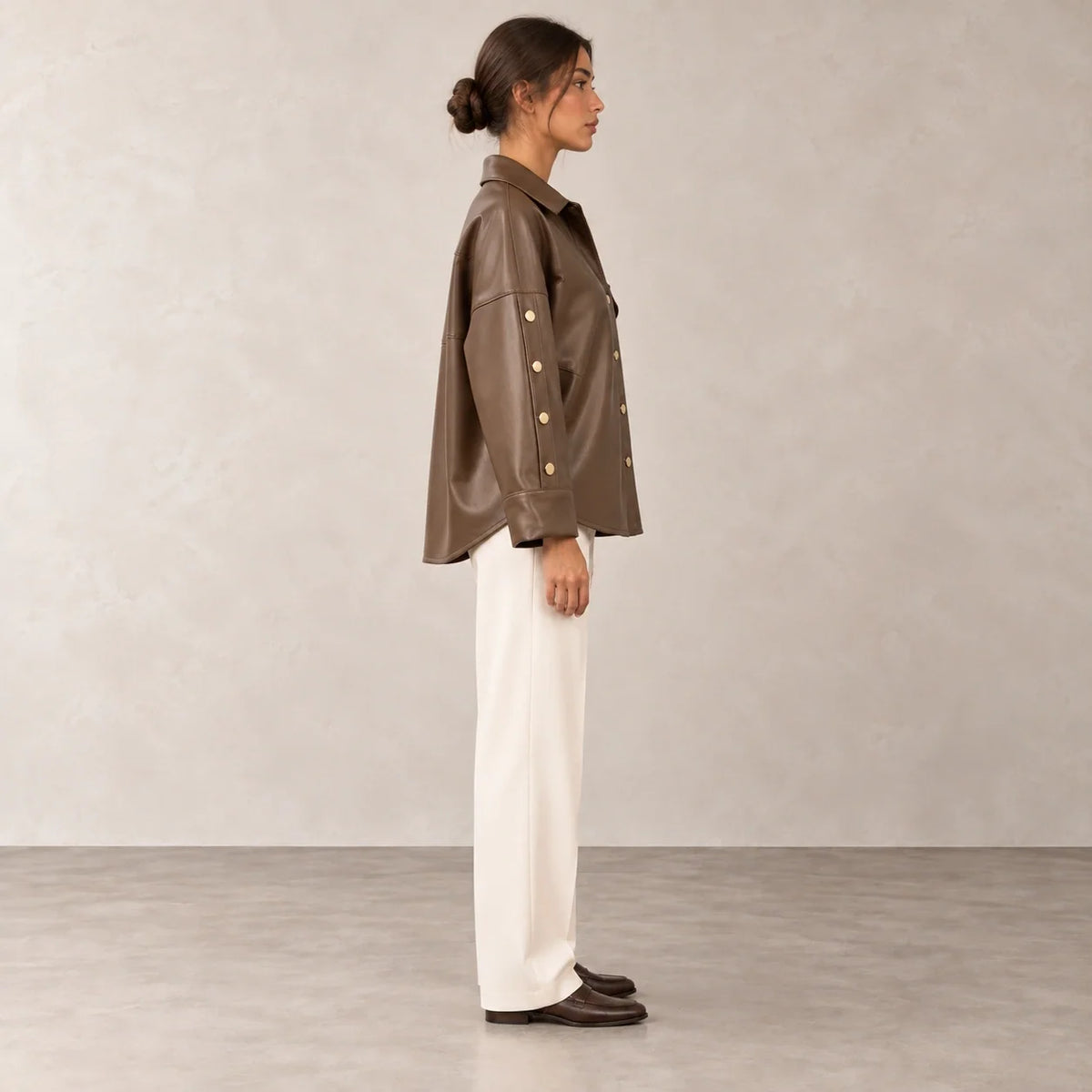 Button Sleeve Leather Shirt Jacket in Brown — ONE MORE