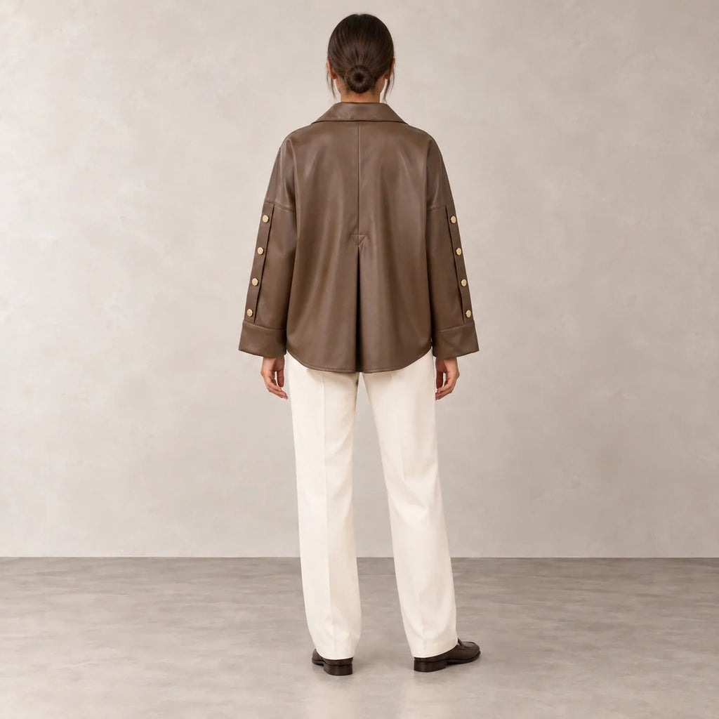 Button Sleeve Leather Shirt Jacket in Brown — ONE MORE