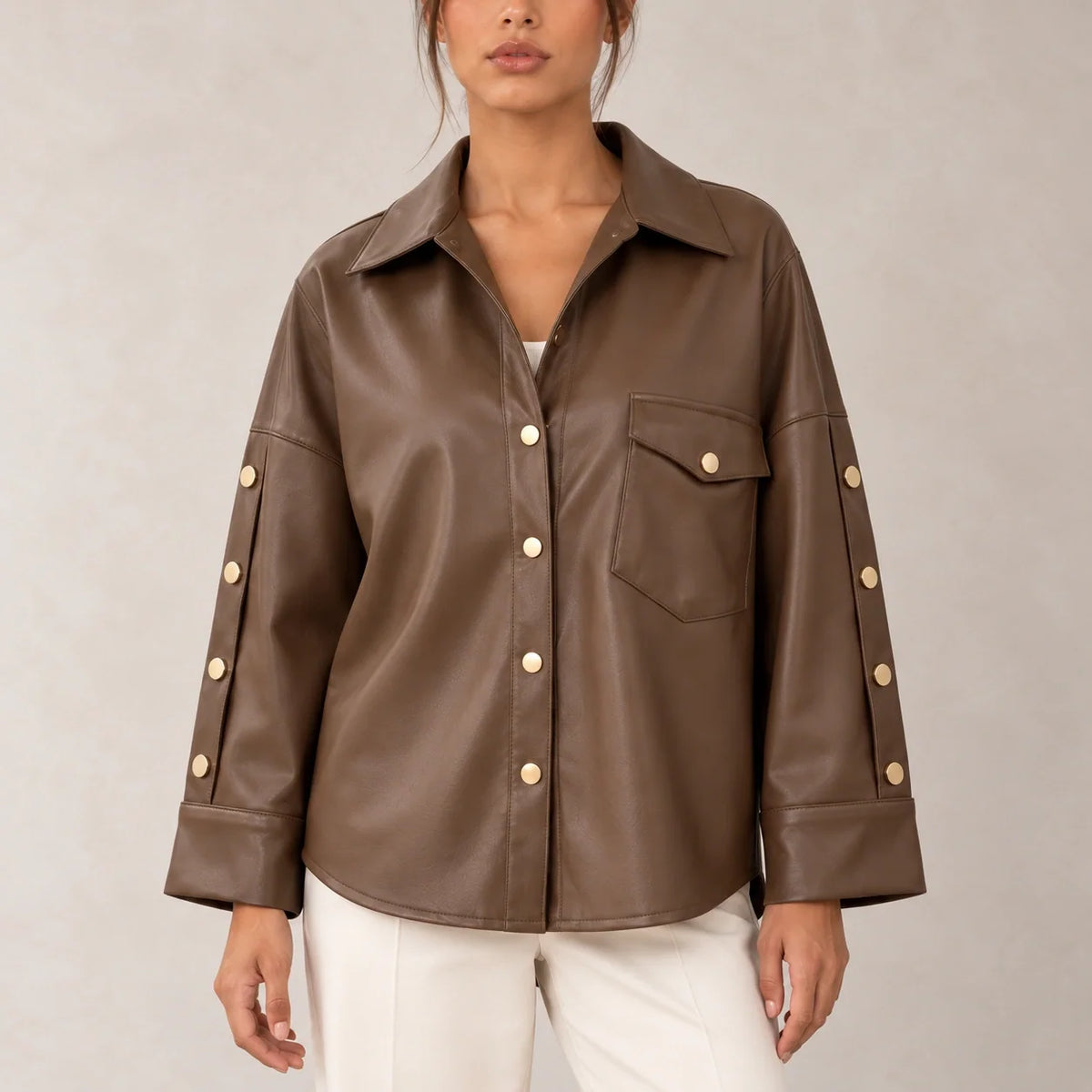 Button Sleeve Leather Shirt Jacket in Brown — ONE MORE