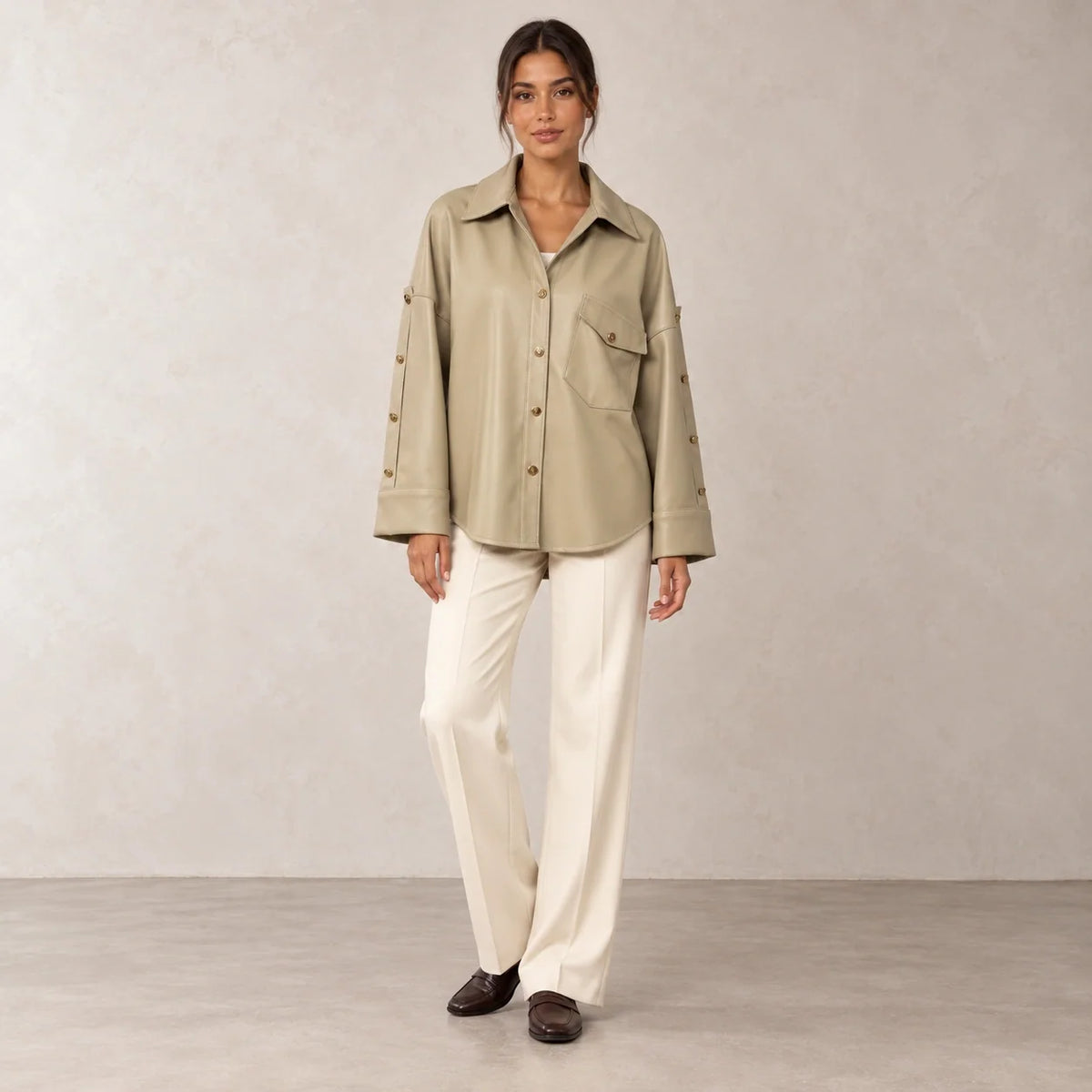 Button Sleeve Leather Shirt Jacket in Cumin — ONE MORE
