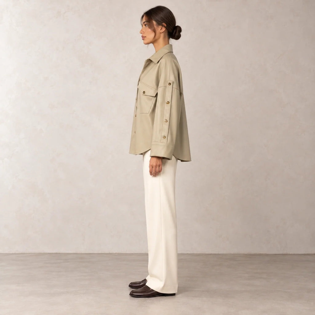 Button Sleeve Leather Shirt Jacket in Cumin — ONE MORE