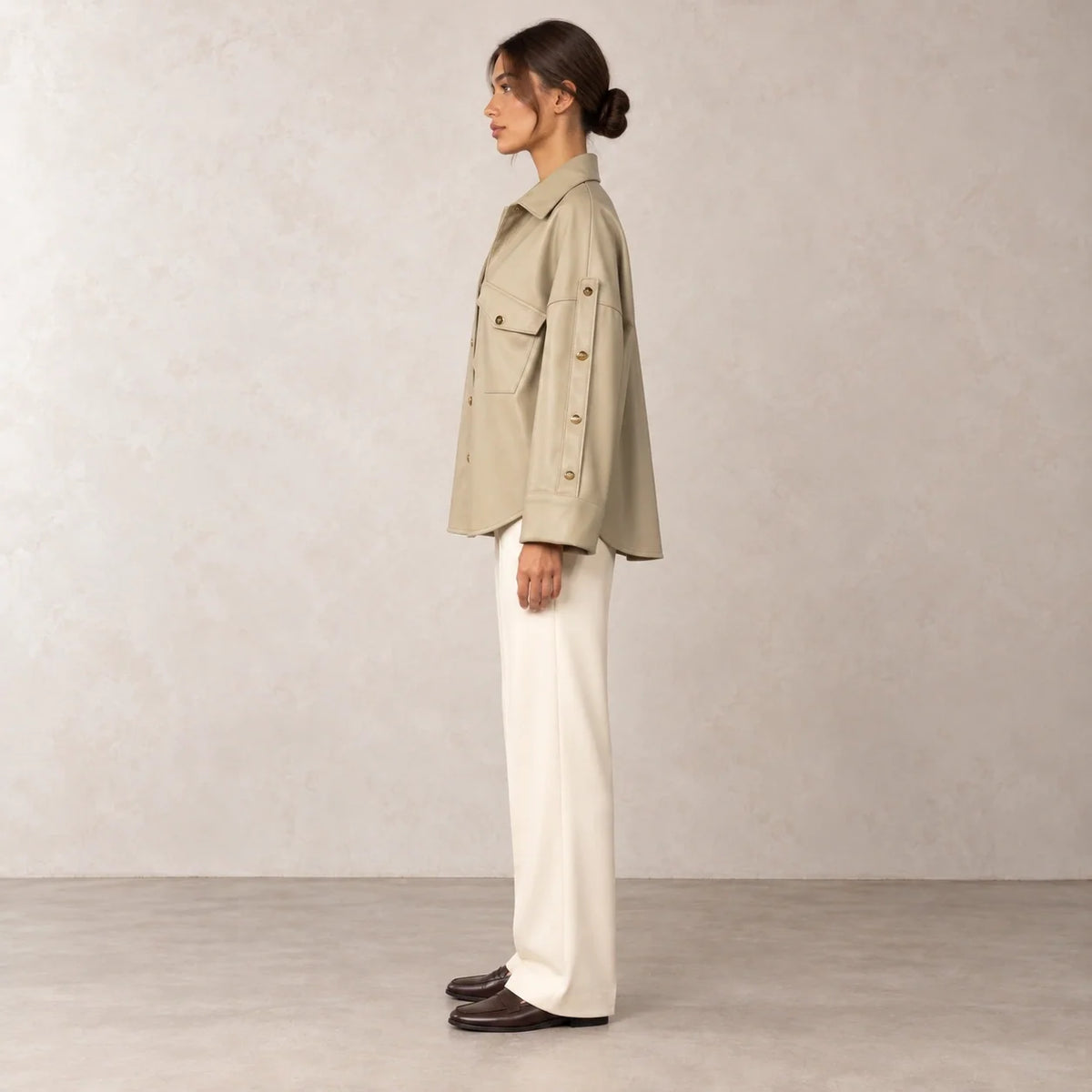 Button Sleeve Leather Shirt Jacket in Cumin — ONE MORE