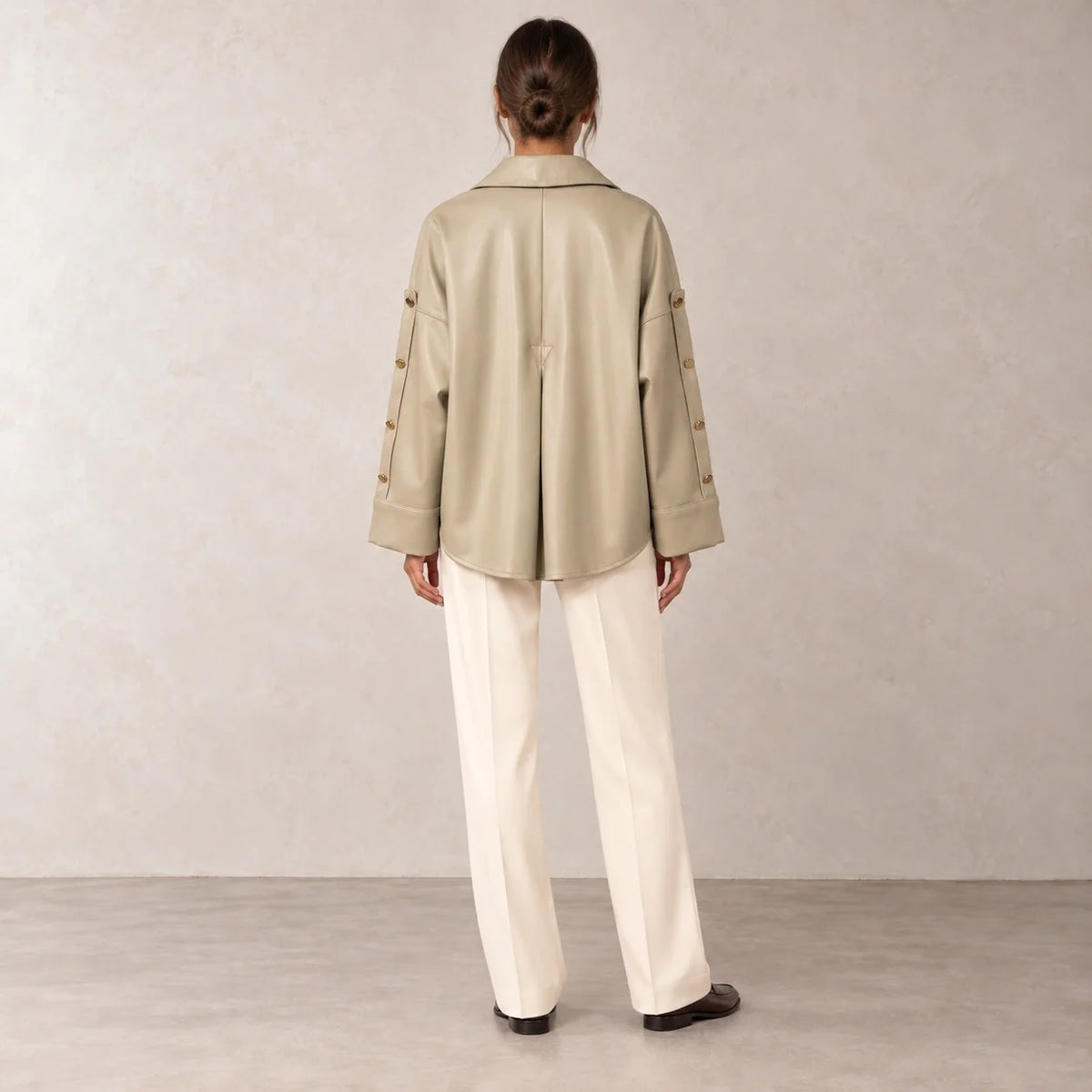 Button Sleeve Leather Shirt Jacket in Cumin — ONE MORE